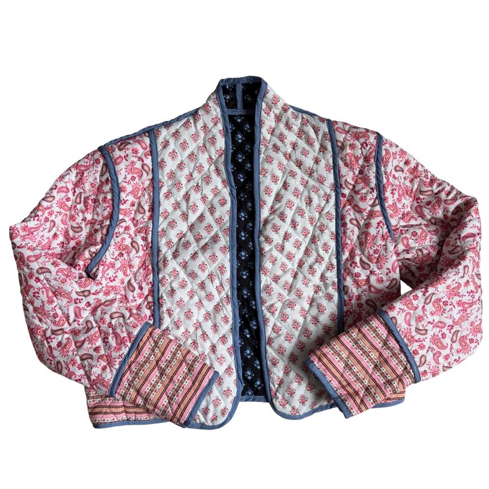 Flygo Floral Print Quilted Lightweight Cropped Jacket (Pink, White & Blue) - S